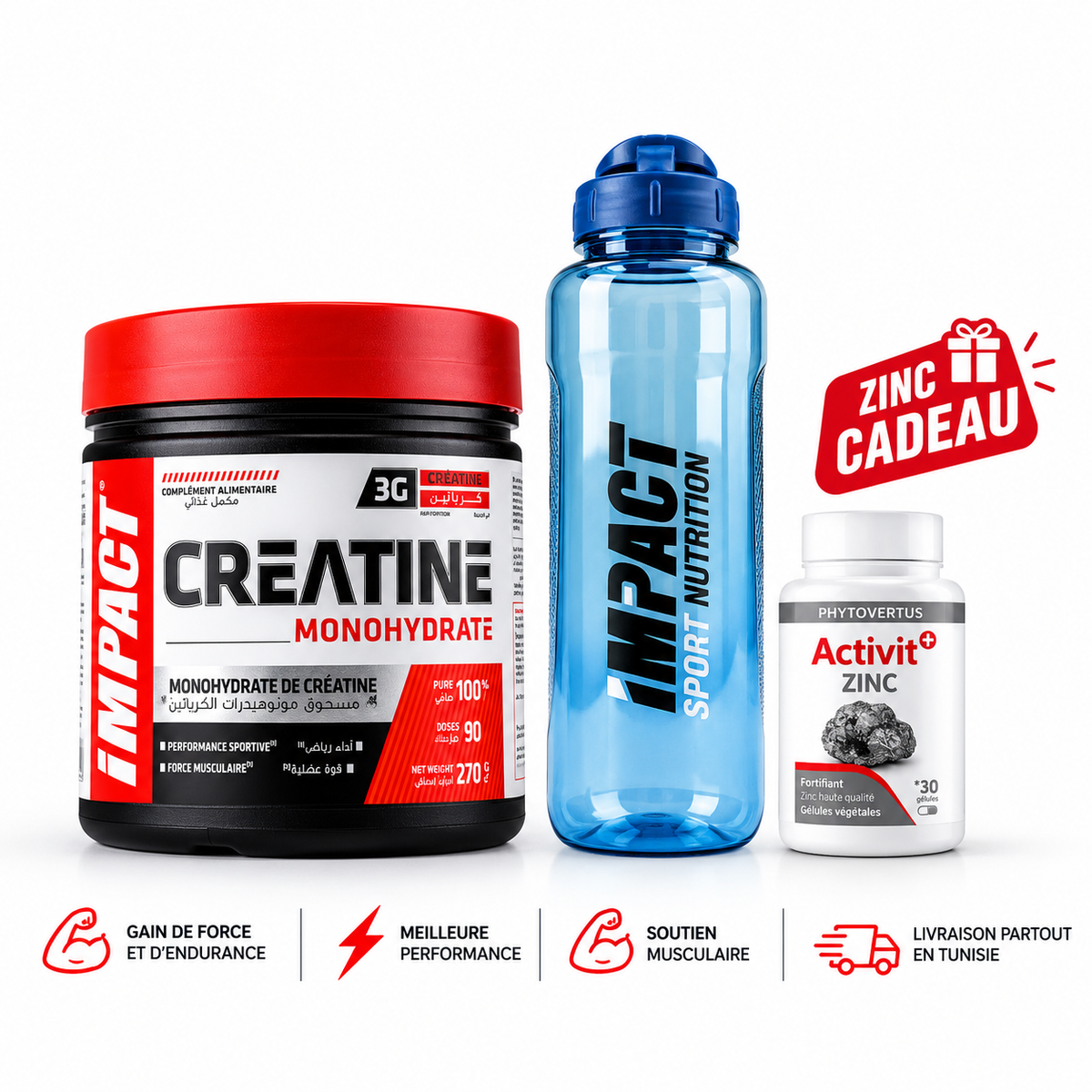 PACK Créatine Monohydrate 200 Mesh Impact 270gr + Shaker Impact + Zinc Offert