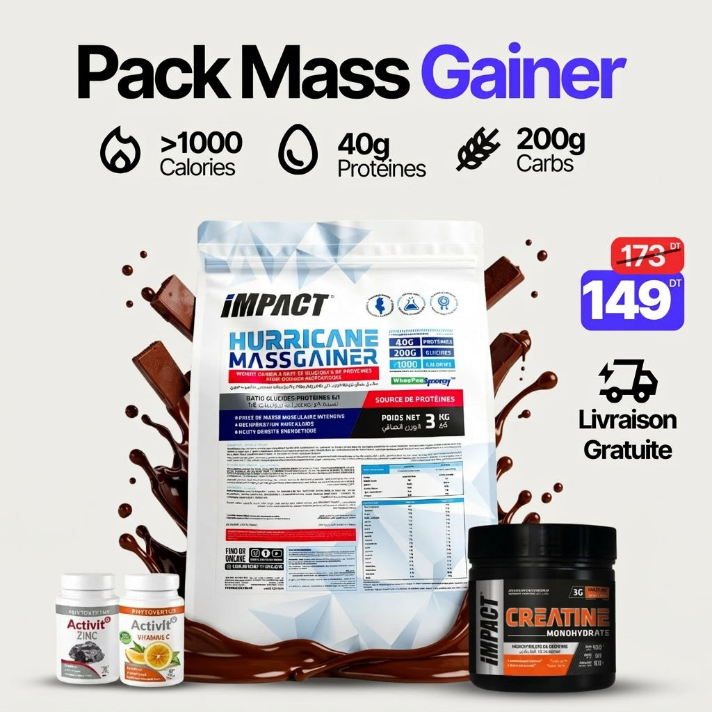 Pack Hurricane Mass Gainer 3kg + Créatine Monohydrate 90g Impact + Zinc + Vitamine C