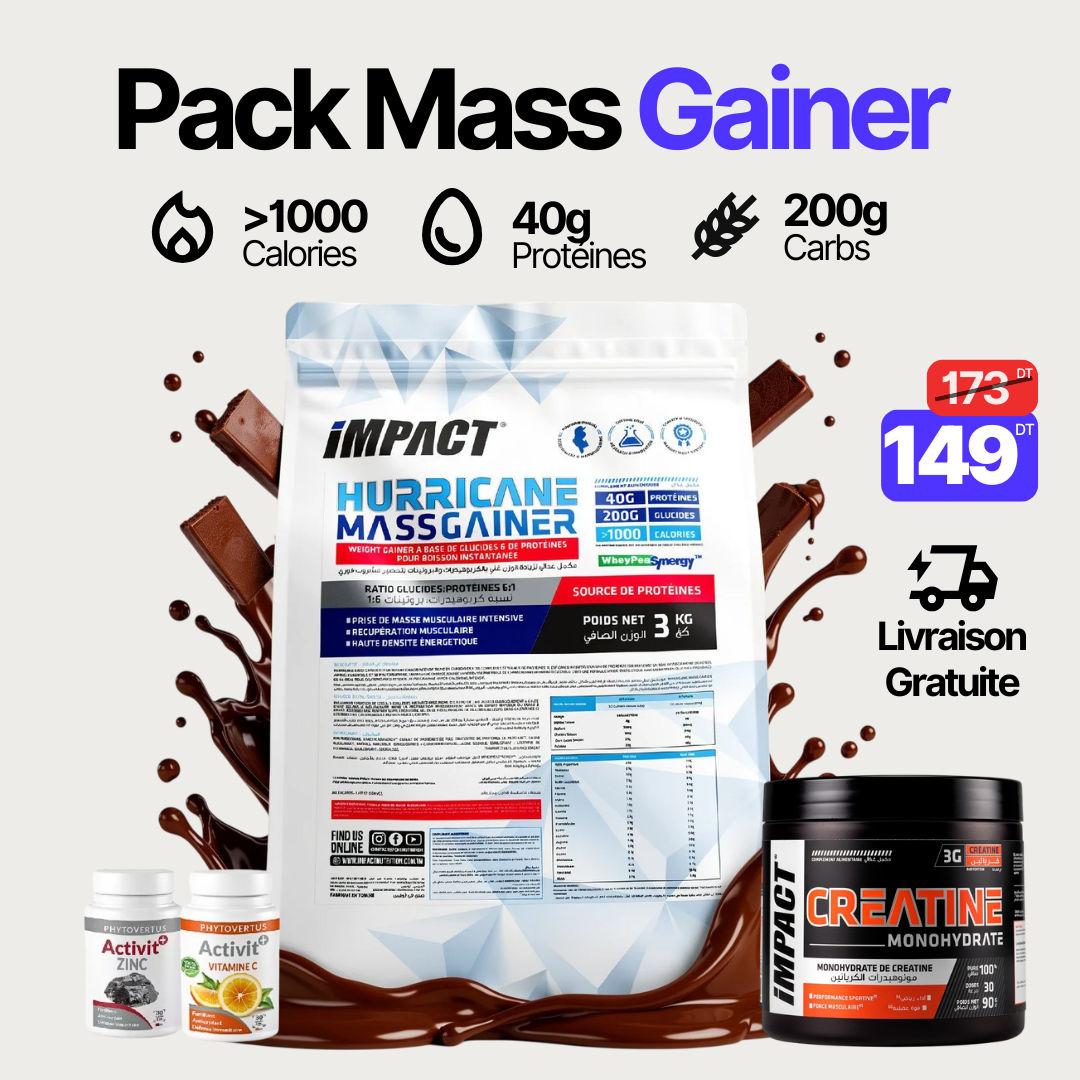 Pack Hurricane Mass Gainer 3kg + Créatine Monohydrate 90g Impact + Zinc + Vitamine C