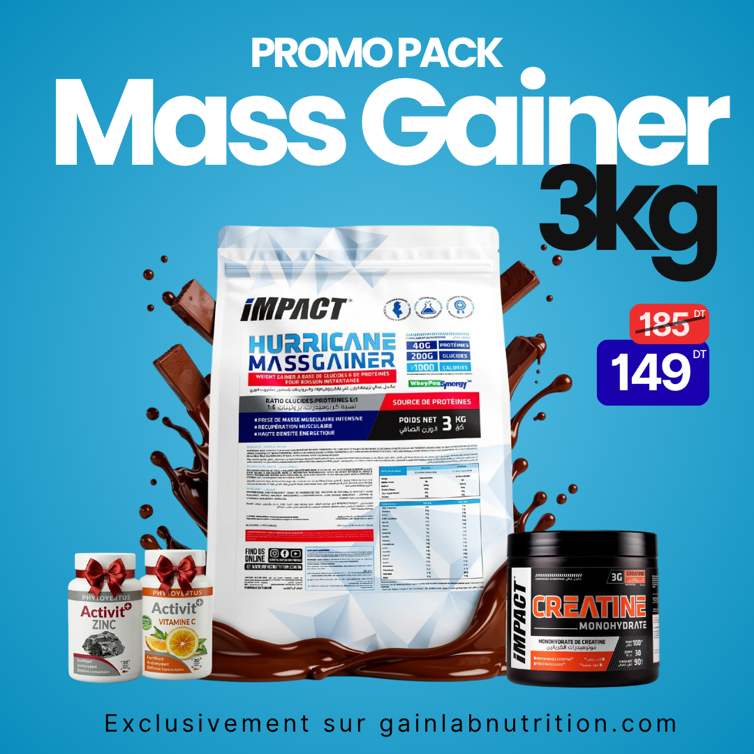 Pack Hurricane Mass Gainer 3kg + Créatine Monohydrate 90g Impact + Zinc + Vitamine C