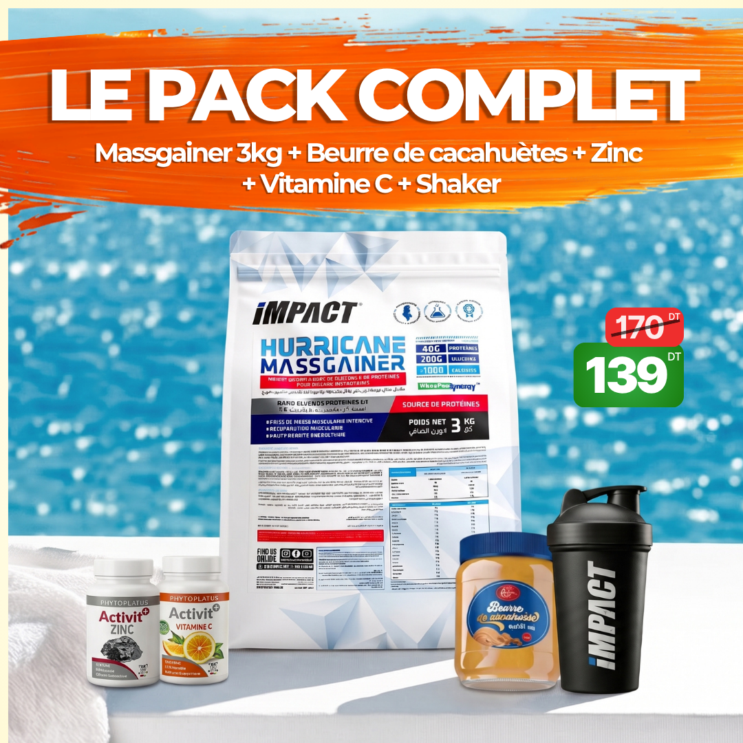 Mass Gainer 3kg + Zinc + Vitamine C + Beurre de cacahuètes + Shaker