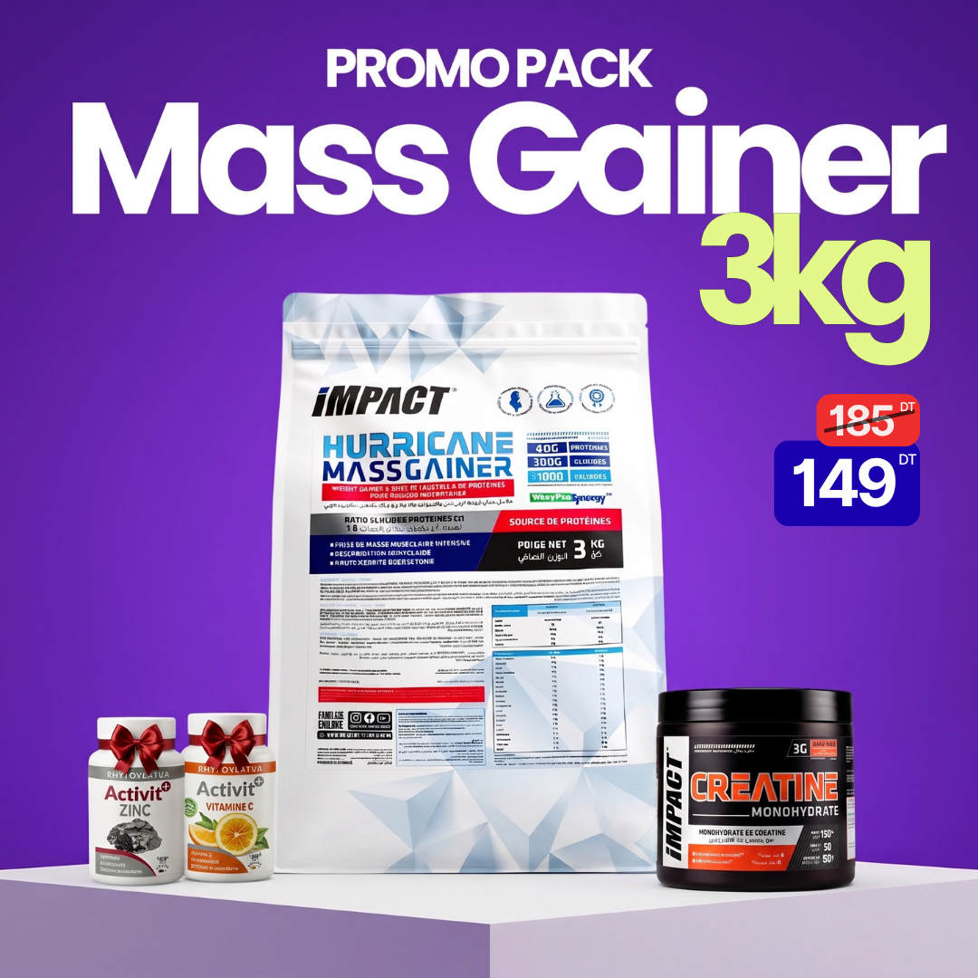 Pack Hurricane Mass Gainer 3kg + Créatine Monohydrate 90g Impact + Zinc + Vitamine C