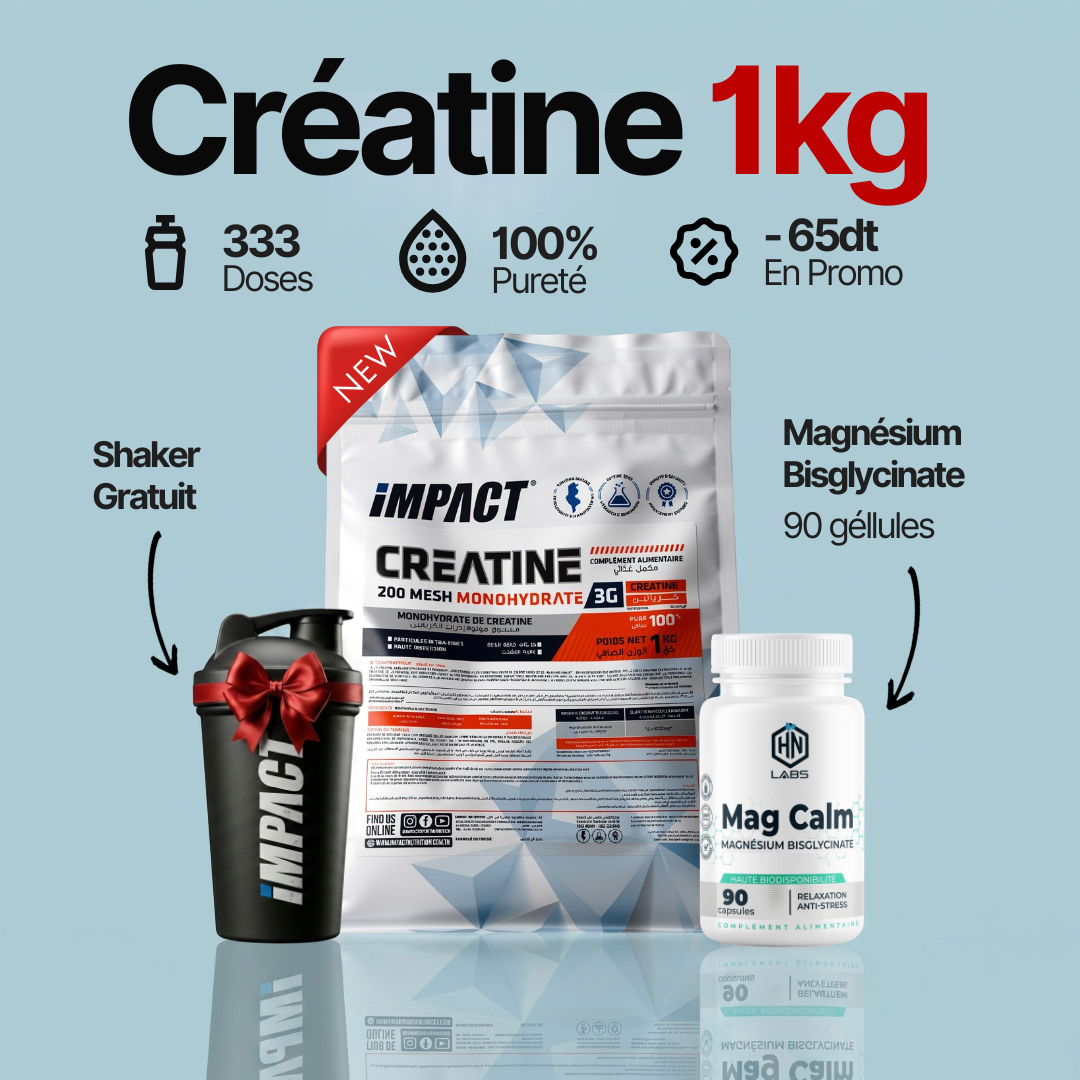 Pack Elite Créatine 1kg + Magnésium Bisglycinate (90 géllules) + Shaker GRATUIT