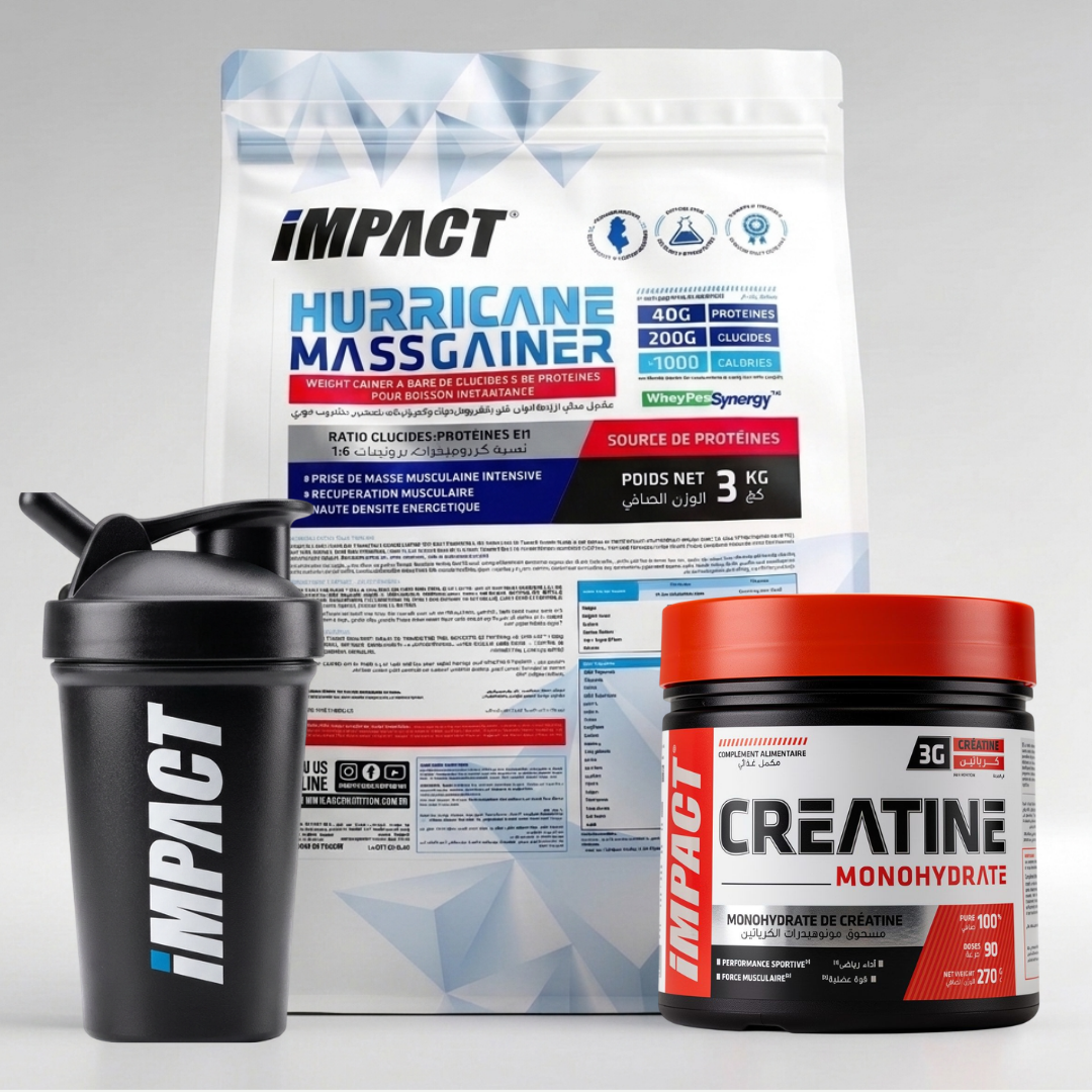 Pack Hurricane Mass Gainer 3 kg + Créatine Impact 270 g + Shaker Impact