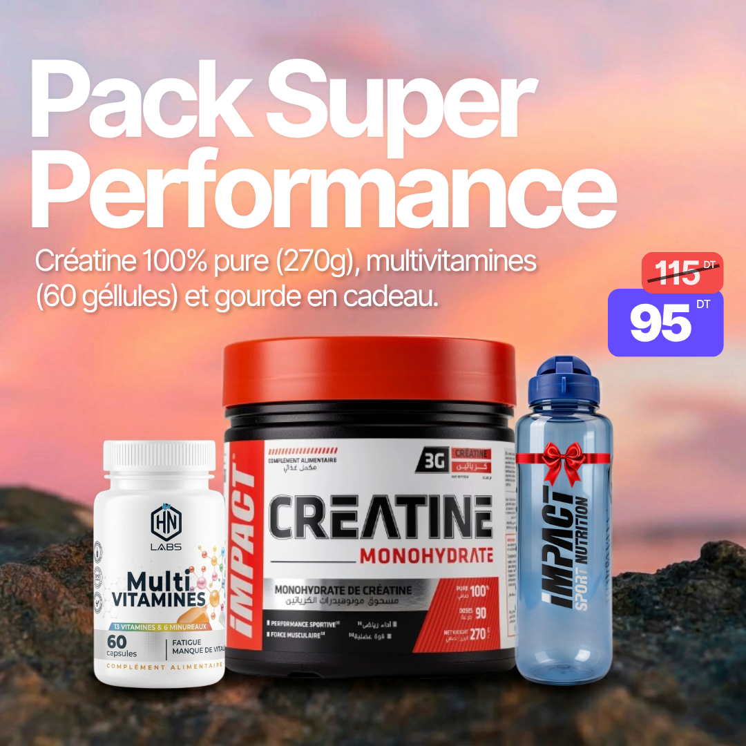 Pack Super Performance – Créatine 270g + Multivitamines + Gourde Offerte