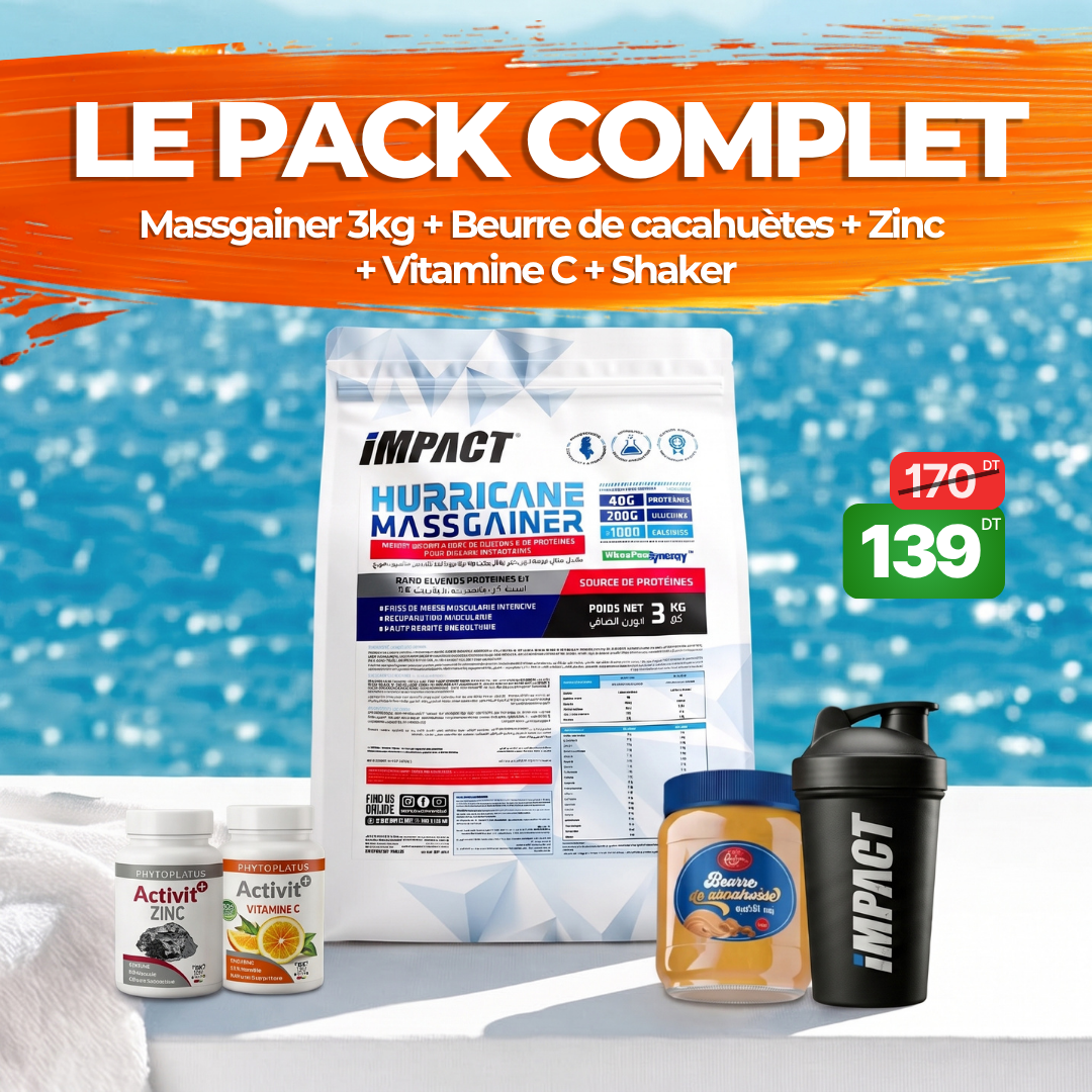 Mass Gainer 3kg + Zinc + Vitamine C + Beurre de cacahuètes + Shaker