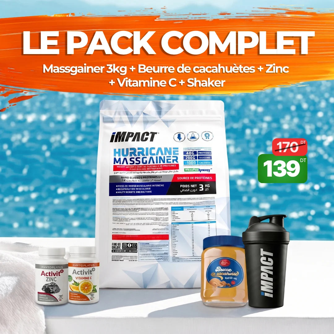Mass Gainer 3kg + Zinc + Vitamine C + Beurre de cacahuètes + Shaker