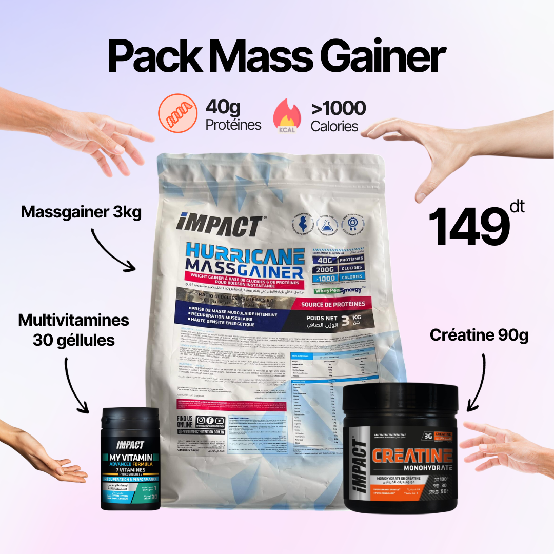 Pack Massgainer 3kg + Créatine 90g + Multivitamines