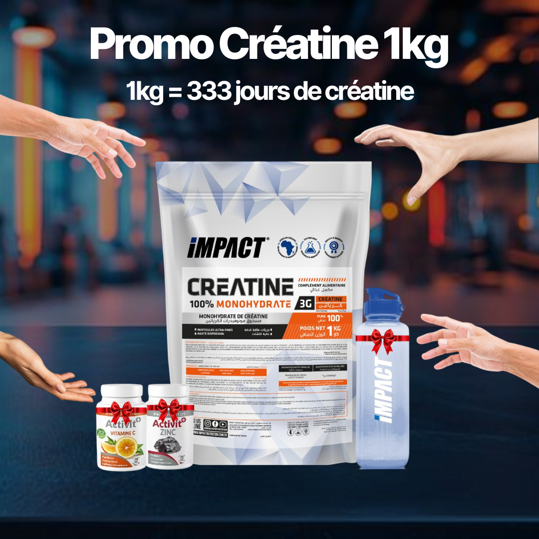 Créatine 1KG + Vitamine C Offert + Zinc Offert + Bouteille Gratuite