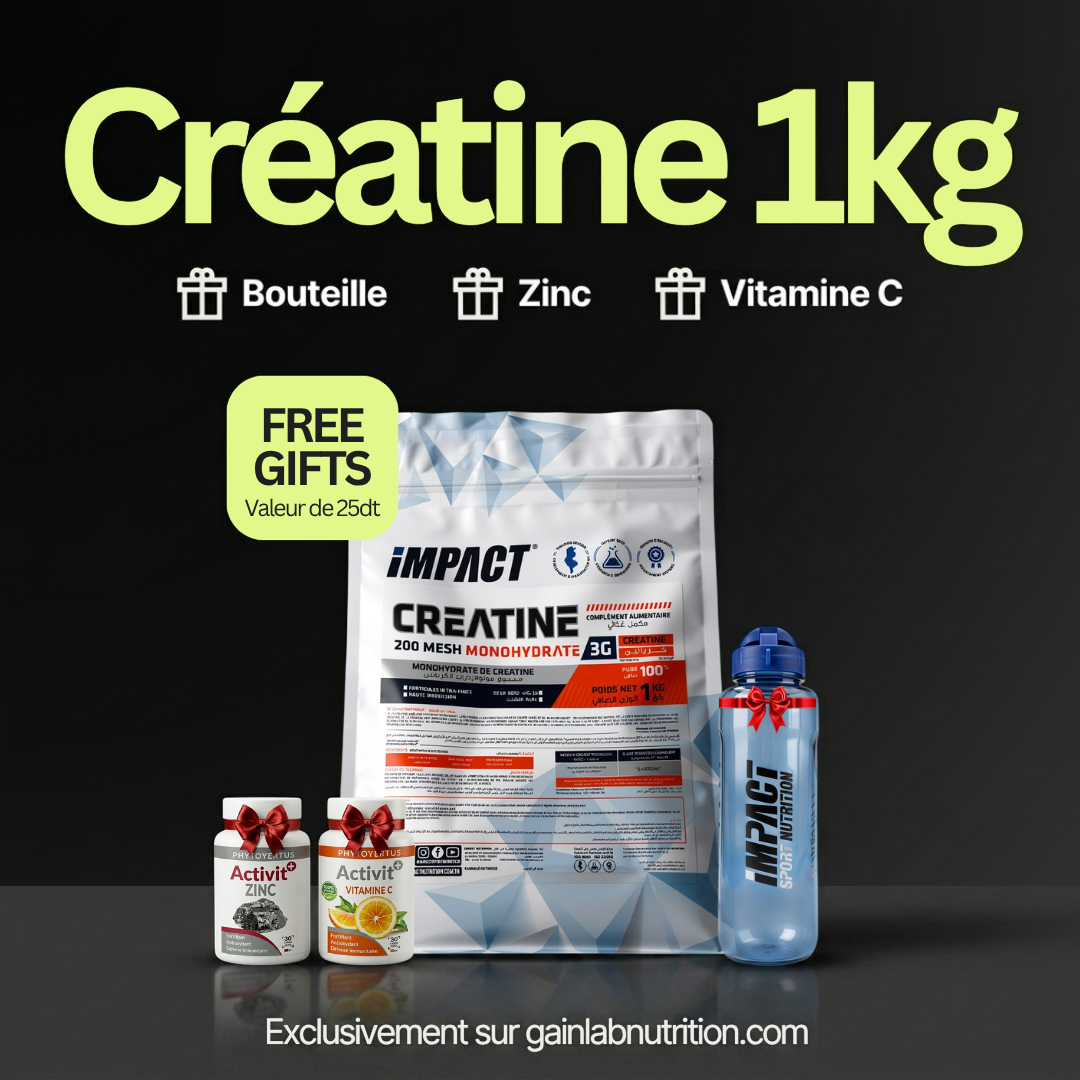 Créatine 1KG + Vitamine C Offert + Zinc Offert + Bouteille Gratuite