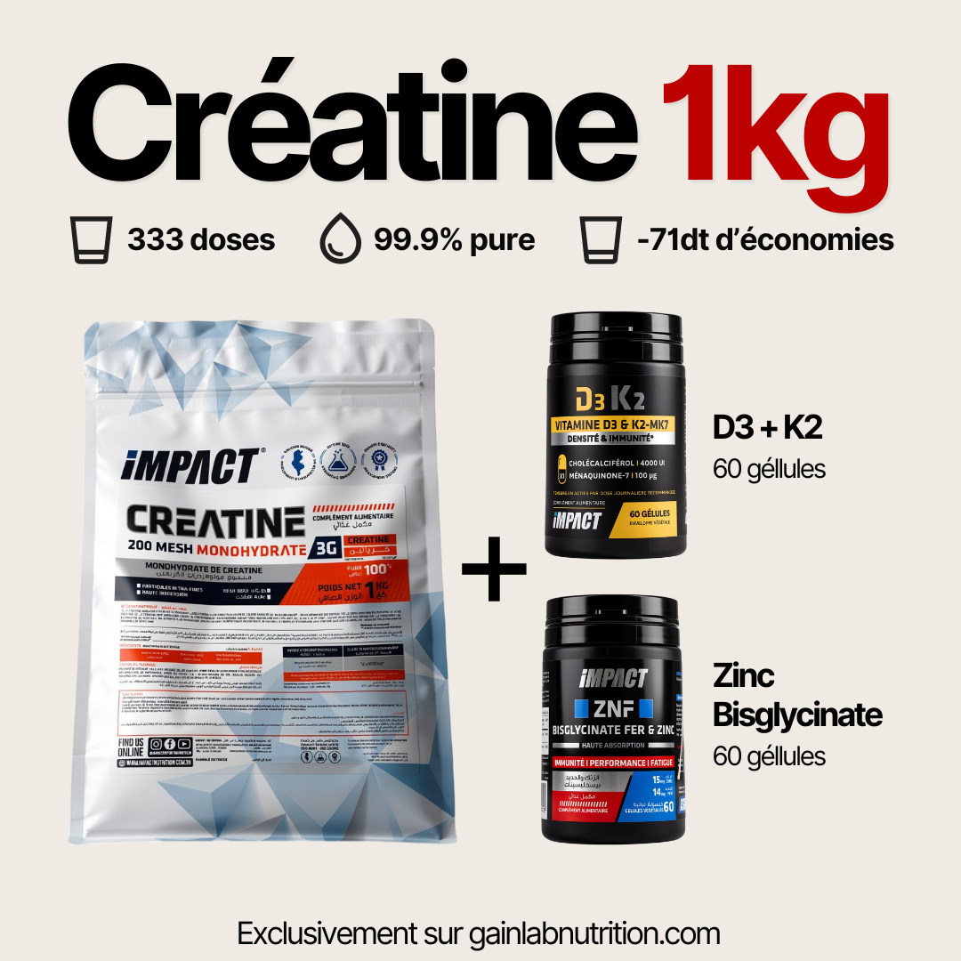 Créatine 1KG + D3K2 + Zinc Bisglycinate et Fer (ZnF)