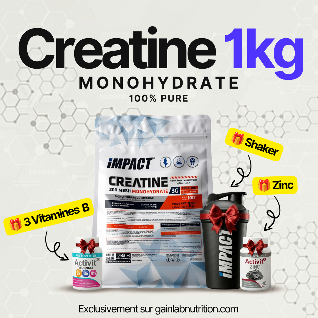 Créatine 1KG + Vitamines Tri B (B6,B9,B12) Gratuit+ Zinc Gratuit + Shaker Gratuit