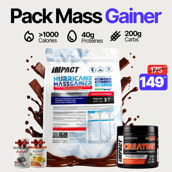 Pack Hurricane Mass Gainer 3kg + Créatine Monohydrate 90g Impact + Zinc + Vitamine C