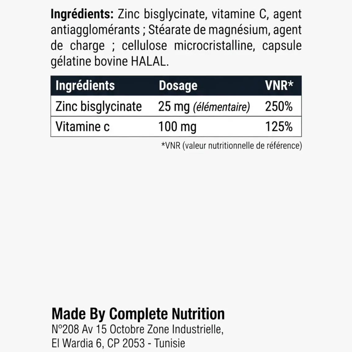 ZINC BISGLYCINATE + VITAMINE C HN LABS - 60 gélules