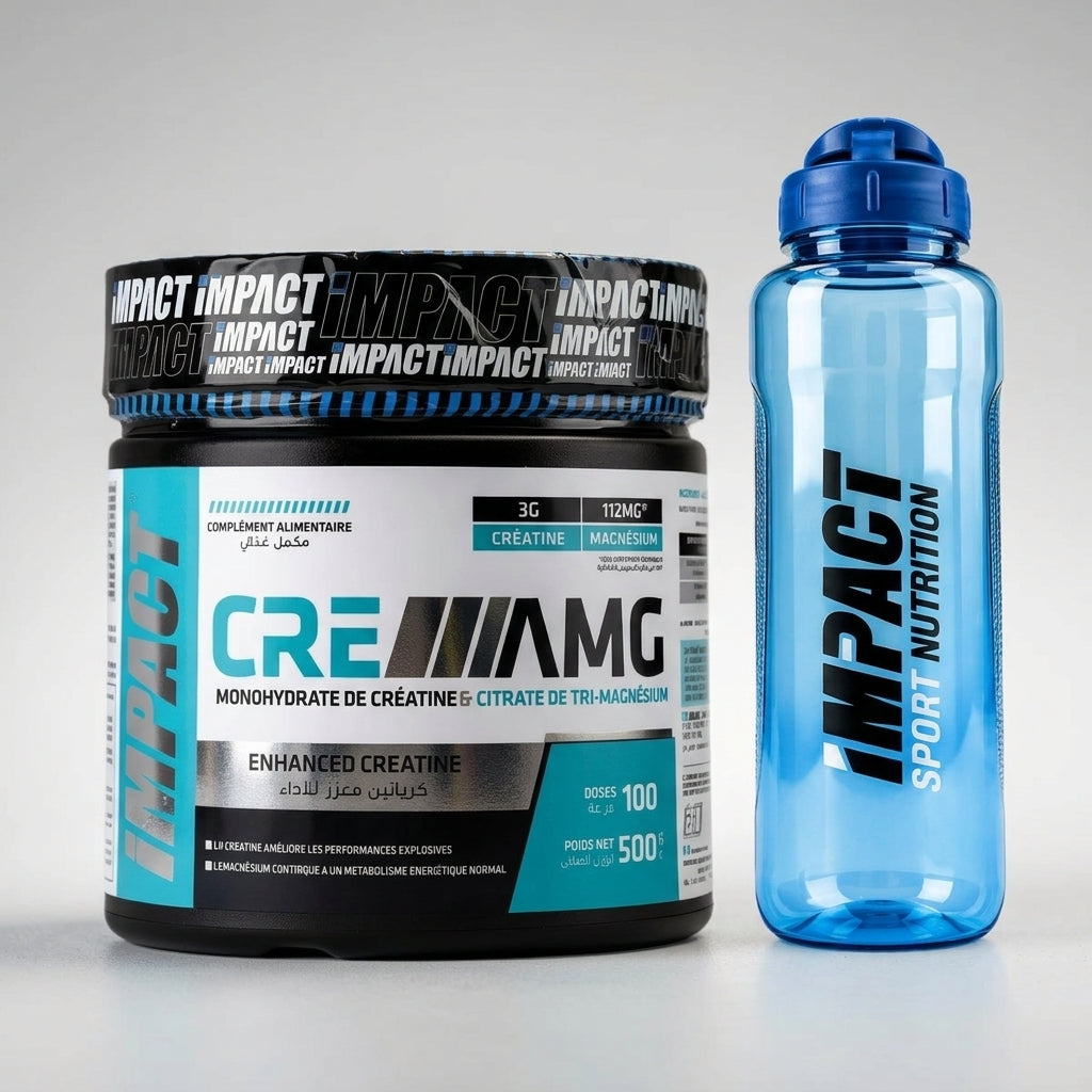 Pack CreaMg Impact 500 g – Créatine Monohydrate 200 Mesh + Citrate de Magnésium + Shaker Bleu