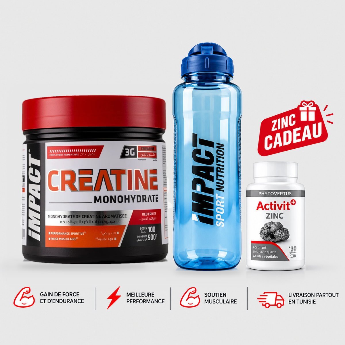 Pack Force & Performance : Créatine Impact 500 g Aromatisée + Shaker + Zinc Offert